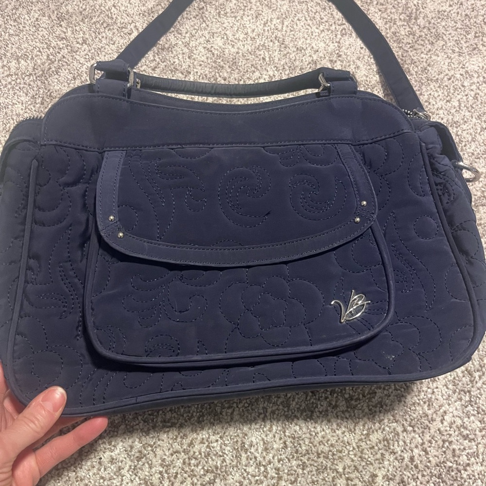Vera Bradley Navy Blue Quilted Shoulder Bag Purse Floral Stitch - Picture 3 of 13